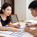 ** A well-defined project scope in interior design is essential to minimize changes. The image should show a diverse team (client, architect, contractor) collaborating, reviewing detailed plans, and clearly communicating project goals and limitations for a Vietnamese living space. The setting is bright and modern, emphasizing organization and planning.

**