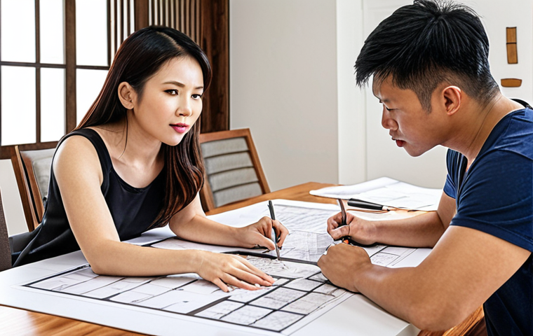 ** A well-defined project scope in interior design is essential to minimize changes. The image should show a diverse team (client, architect, contractor) collaborating, reviewing detailed plans, and clearly communicating project goals and limitations for a Vietnamese living space. The setting is bright and modern, emphasizing organization and planning.
**