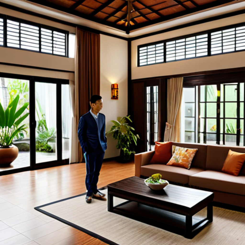 A professional interior designer, fully clothed in modest, contemporary attire, stands in a sophisticated Vietnamese-fusion living room. The space showcases a harmonious blend of traditional Vietnamese elements like intricate wooden furniture and rustic terracotta tiles, seamlessly integrated with modern minimalist lines, large glass windows, and discreet smart lighting. Natural sunlight streams in through a skylight over a small indoor courtyard with tropical plants. The ambiance is serene and inviting. professional photography, perfect anatomy, correct proportions, natural pose, well-formed hands, proper finger count, natural body proportions, high quality, safe for work, appropriate content, family-friendly.