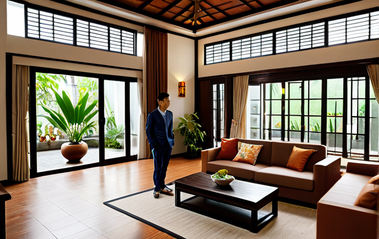 A professional interior designer, fully clothed in modest, contemporary attire, stands in a sophisticated Vietnamese-fusion living room. The space showcases a harmonious blend of traditional Vietnamese elements like intricate wooden furniture and rustic terracotta tiles, seamlessly integrated with modern minimalist lines, large glass windows, and discreet smart lighting. Natural sunlight streams in through a skylight over a small indoor courtyard with tropical plants. The ambiance is serene and inviting. professional photography, perfect anatomy, correct proportions, natural pose, well-formed hands, proper finger count, natural body proportions, high quality, safe for work, appropriate content, family-friendly.