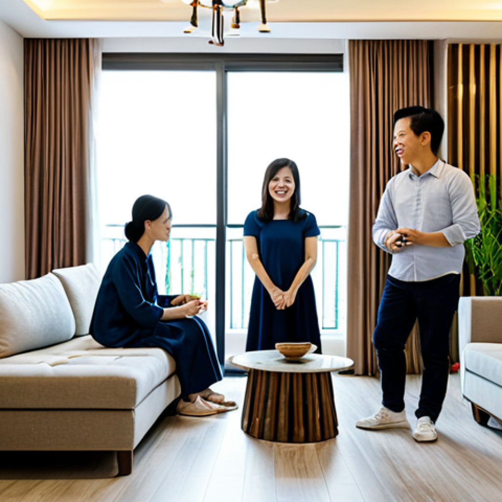 ** "A cozy and inviting living room in a modern Vietnamese apartment, fully clothed family members enjoying time together, abundant natural light, plants, and traditional Vietnamese decor, safe for work, appropriate content, fully clothed, professional interior design photography, perfect anatomy, natural proportions, family-friendly atmosphere, modest clothing." **