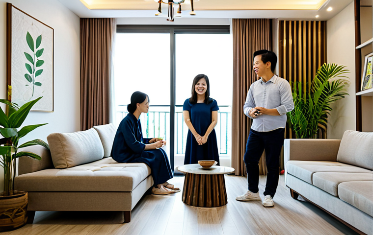 ** "A cozy and inviting living room in a modern Vietnamese apartment, fully clothed family members enjoying time together, abundant natural light, plants, and traditional Vietnamese decor, safe for work, appropriate content, fully clothed, professional interior design photography, perfect anatomy, natural proportions, family-friendly atmosphere, modest clothing." **