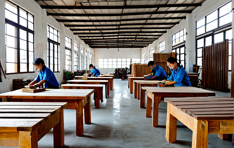 공간디자인 소재의 환경 친화적 선택 - **Recycled Furniture Workshop:** "A bright and airy workshop in Binh Duong, Vietnam, showcasing arti...