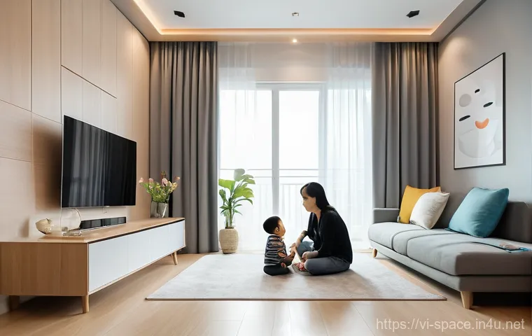 공간디자인과 관련된 최신 기술 활용 - **A modern Vietnamese smart home interior in Ho Chi Minh City, featuring a multi-generational family...