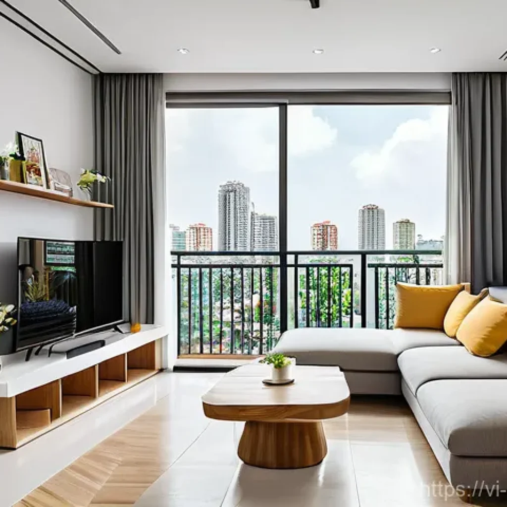 공간디자인 관련 전시회 정보 - **Modern Vietnamese Apartment with Flexible Living Space:** A bright and inviting living room in a s...