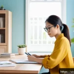 공간디자이너의 워라밸 유지 팁 - A modern Vietnamese interior designer working in a bright, airy home office filled with natural ligh...