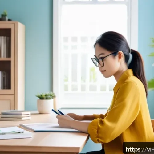 공간디자이너의 워라밸 유지 팁 - A modern Vietnamese interior designer working in a bright, airy home office filled with natural ligh...